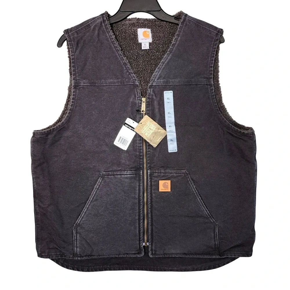 Carhartt Vest Mens XL Tall Black Sandstone Sherpa Lined V26-BLK Workwear Canvas